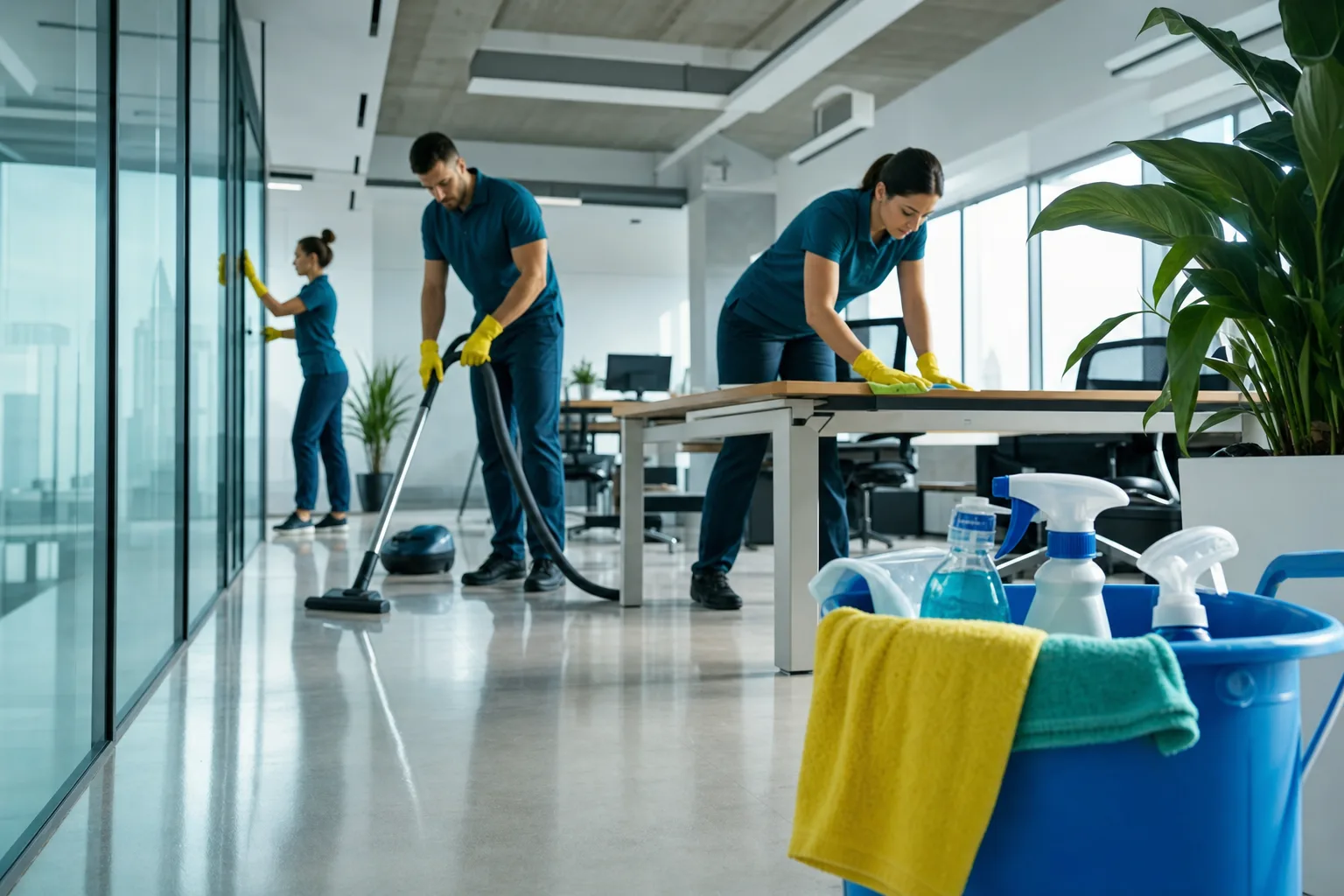 Takarítócsapat munka közben egy modern irodában